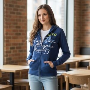 Aeropostale Womens Size Medium Zipped Hoodie Jacket Navy Blue Graphic Sweatshirt